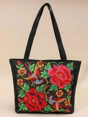 Black Floral Embroidered Tote Bag with Red Accent